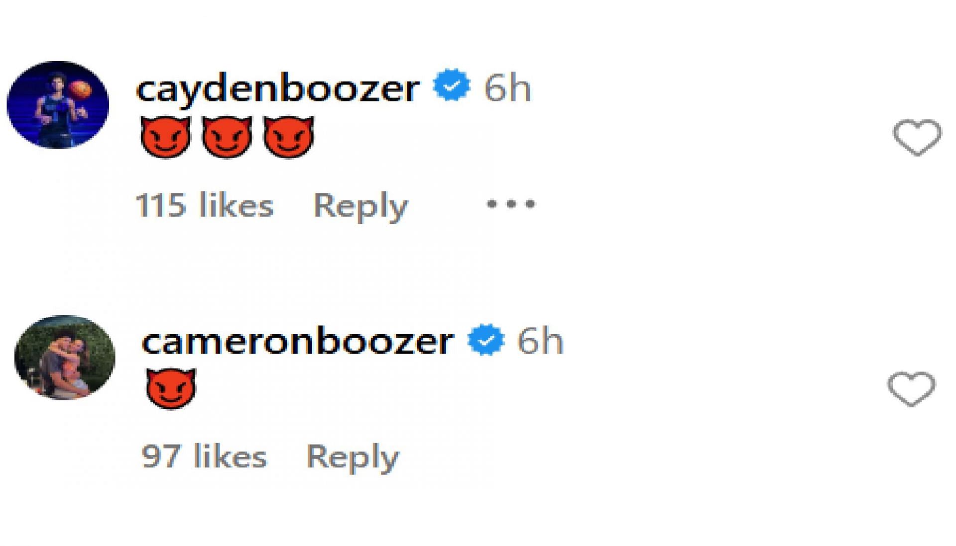 Cameron and Cayden Boozer react to Sebastian Wilkings' reclassification and commitment to Duke (source: IG/ tiptonedits)